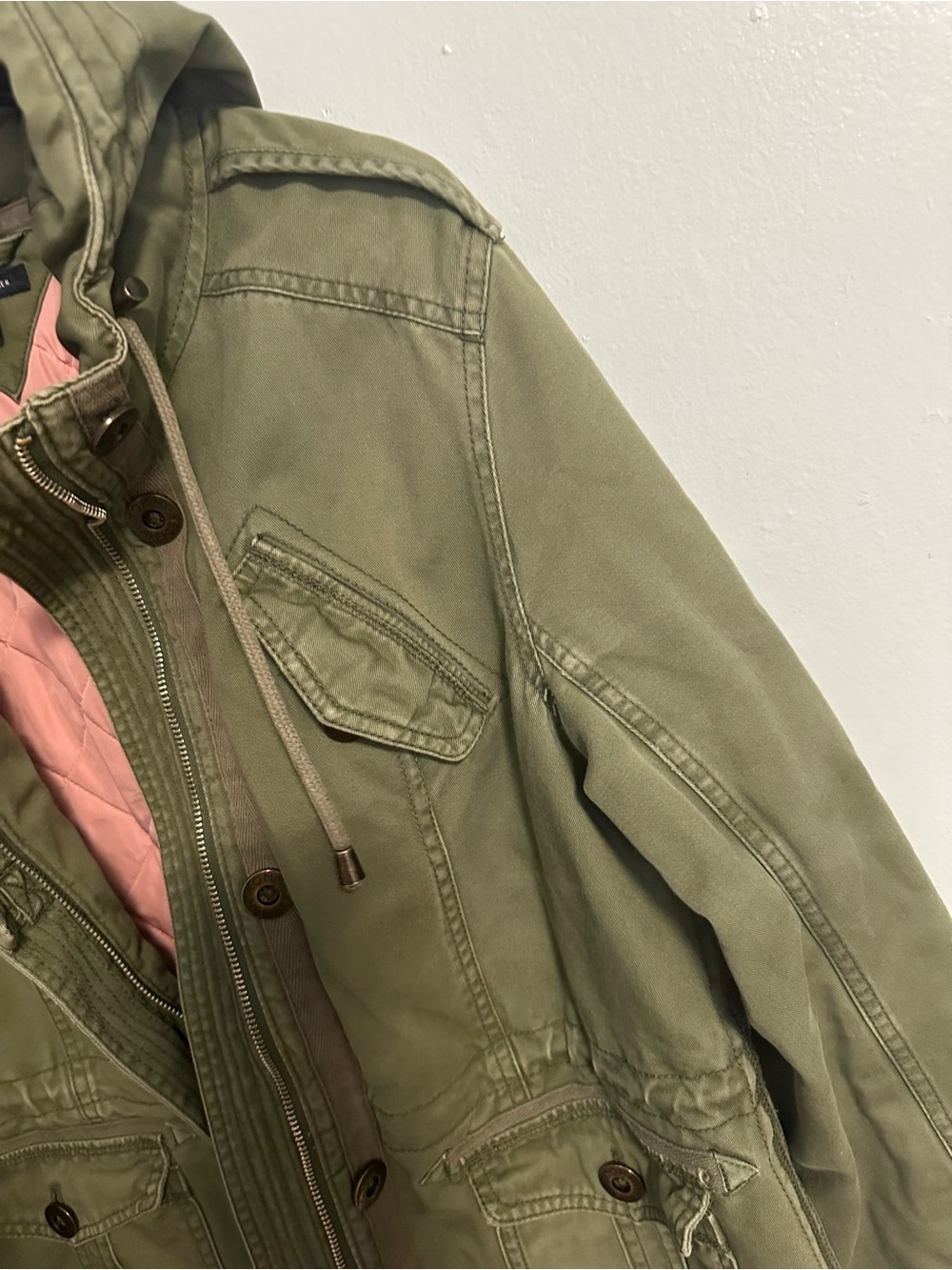Tommy Hilfiger Olive Green Hooded Utility Jacket Pink Quilted Lining Size Medium - Picture 5 of 9
